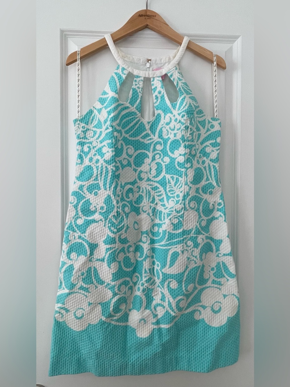 Lilly Pulitzer Aqua & White Mini Halter Dress Size 10 Fully Lined 100% Cotton
